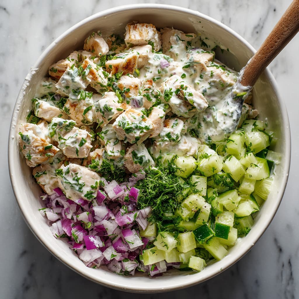 Diced chicken mixed with yogurt dressing, cucumber, celery, and onion in a bowl.
