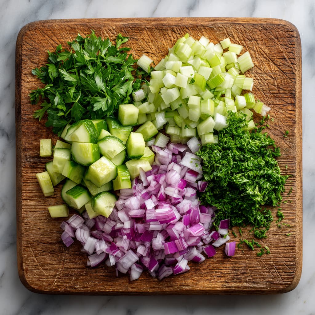 Chopped cucumber, celery, onion, and parsley for Greek Yogurt Chicken Salad.