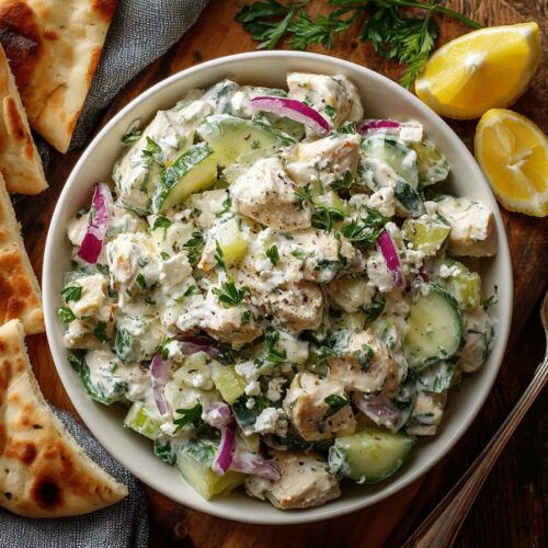 Greek yogurt chicken salad in a white bowl topped with fresh parsley, cucumber slices, red onion, and tender chicken pieces, served with warm pita bread and lemon wedges on a wooden board