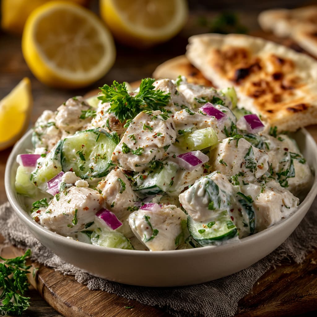 Greek Yogurt Chicken Salad served in a bowl with parsley, feta, and pita bread on the side.