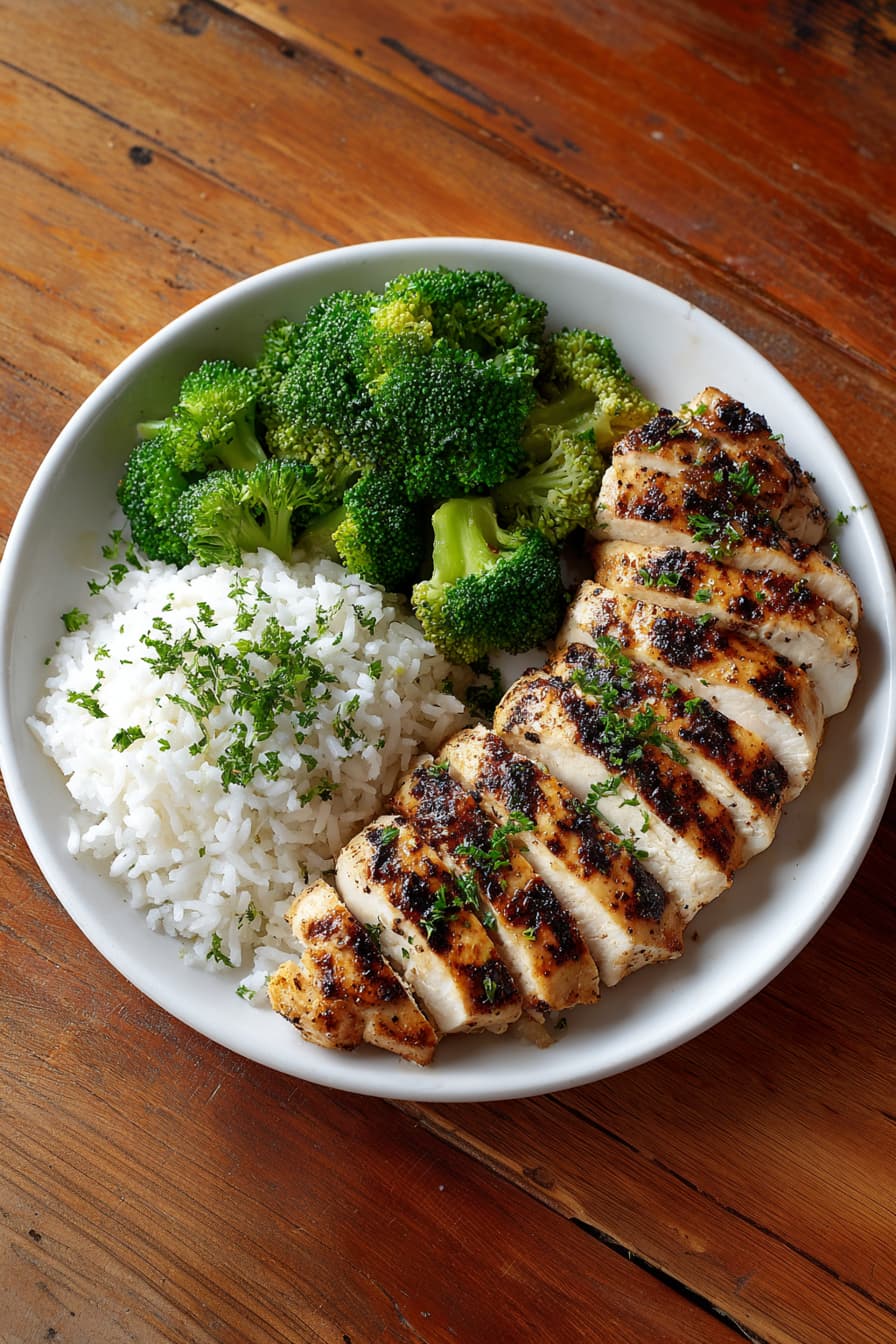 Grilled chicken breast served with steamed broccoli and white rice in a bowl on a wooden table.