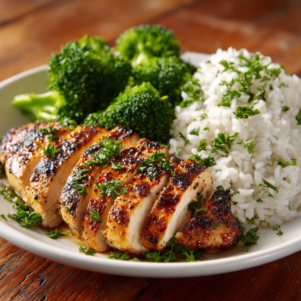 Close-up of sliced grilled chicken breast with steamed broccoli and white rice, garnished with fresh parsley.