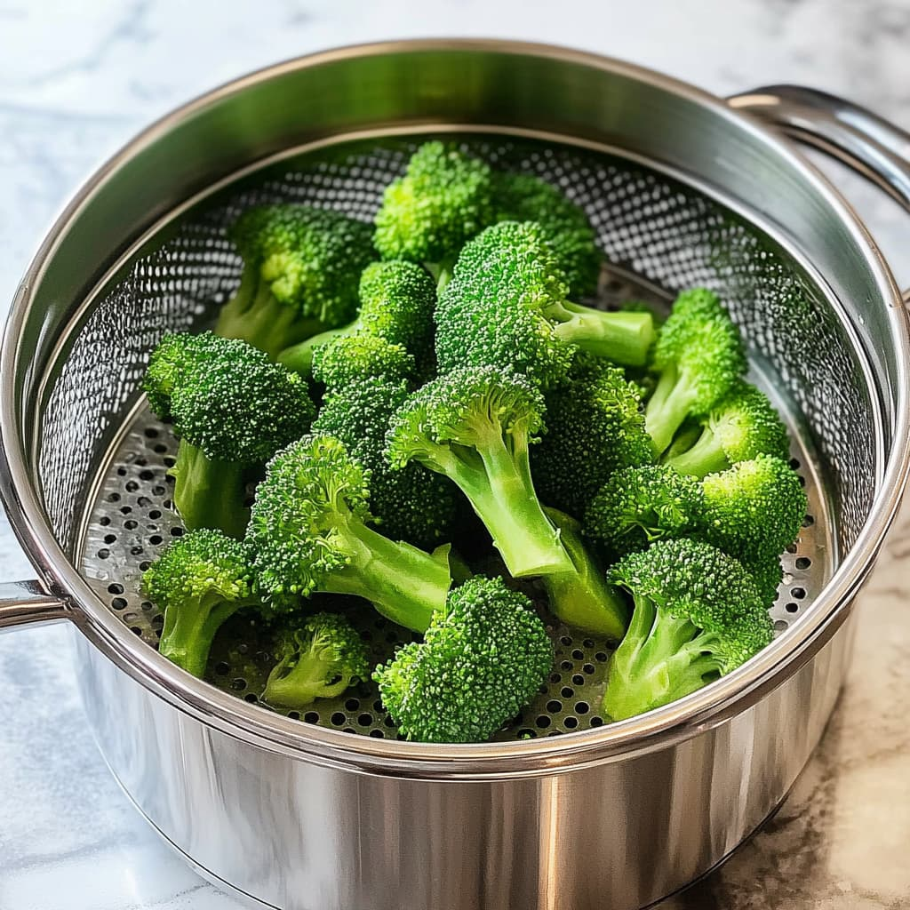 Fresh broccoli florets in a stainless steel steamer basket, ready to be steamed for a healthy meal.