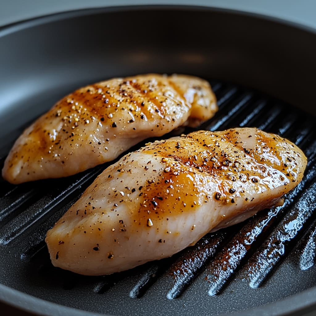 Seasoned chicken breasts cooking on a grill pan with golden sear marks.