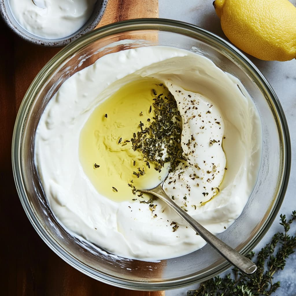 Greek yogurt dressing with lemon, garlic, mustard, and oregano in a mixing bowl.