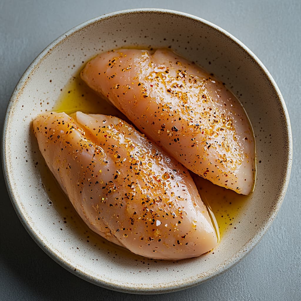 Raw chicken breasts marinated in olive oil, salt, pepper, and spices in a shallow bowl, ready for grilling.