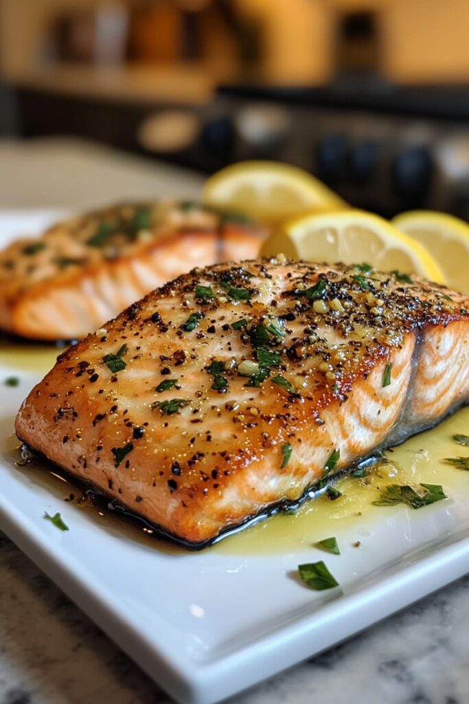 Lemon garlic baked salmon fillet served with roasted vegetables, garnished with fresh herbs for a clean, high-protein fitness meal.