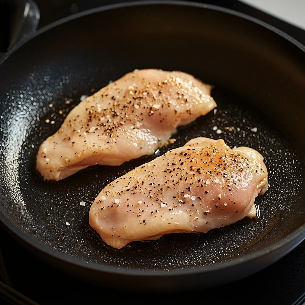 Chicken breasts cooking in a skillet, seasoned with salt and pepper.