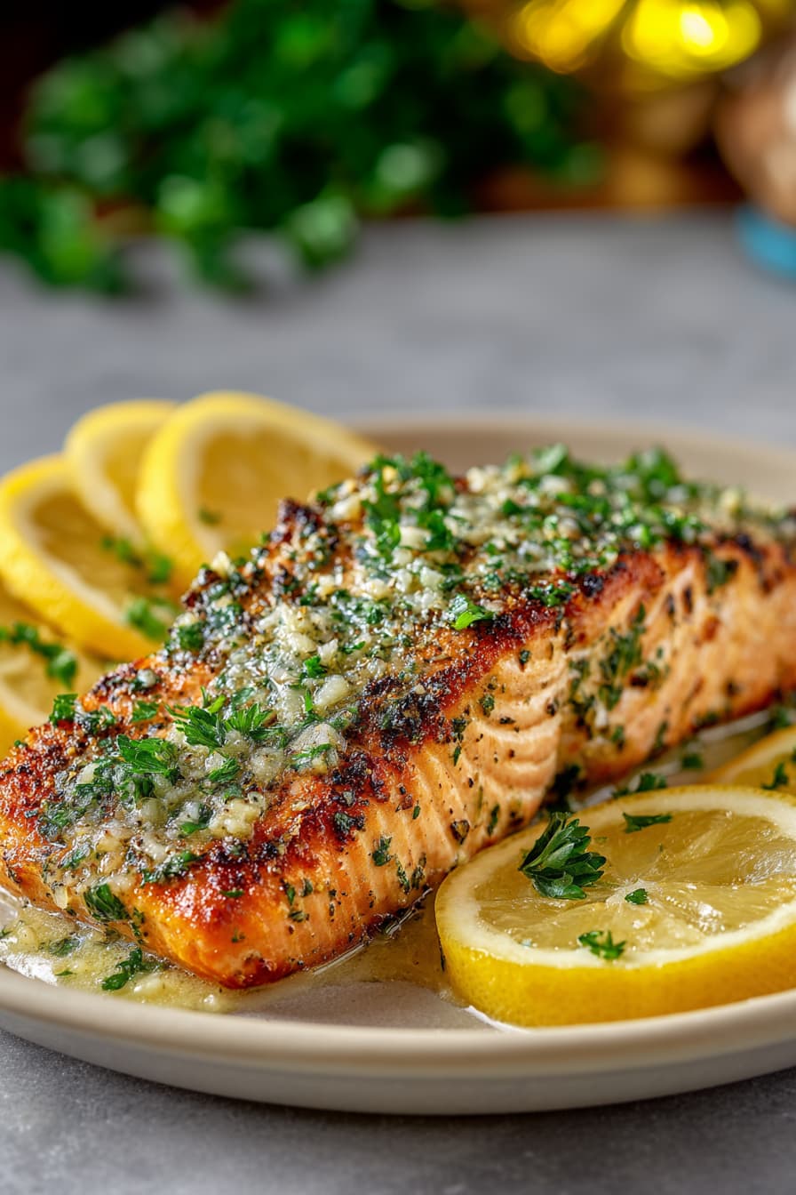 salmon fillet topped with parsley and served with lemon slices for a healthy high-protein dinner.