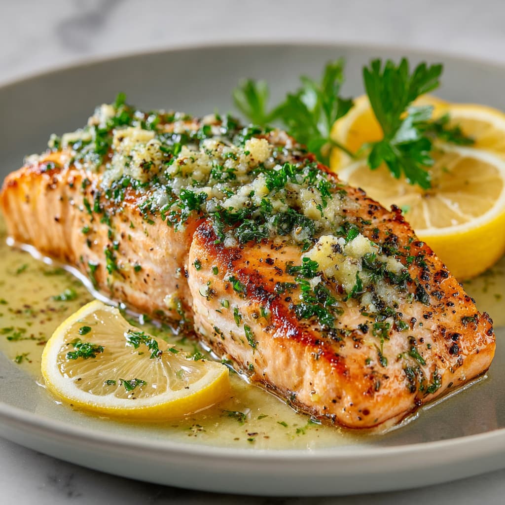 salmon fillet topped with parsley and served with lemon slices.