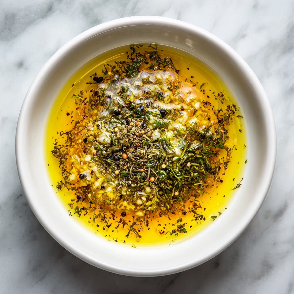 marinade with olive oil, garlic, and herbs in a ceramic bowl.