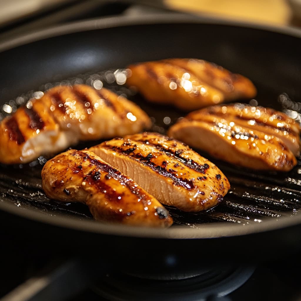Sliced chicken breast coated in teriyaki sauce, grilling in the pan on the stove.