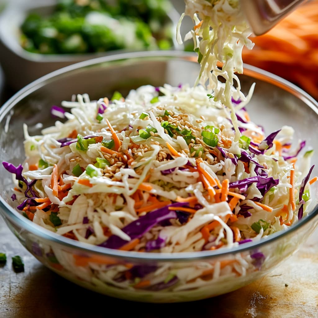 Glass bowl with mixed shredded cabbage and coleslaw mix.