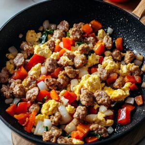 Egg whites scrambling beside the cooked veggies and sausage in the pan, then being mixed together—light, fluffy, and packed with lean protein for a fitness-friendly start to your day.