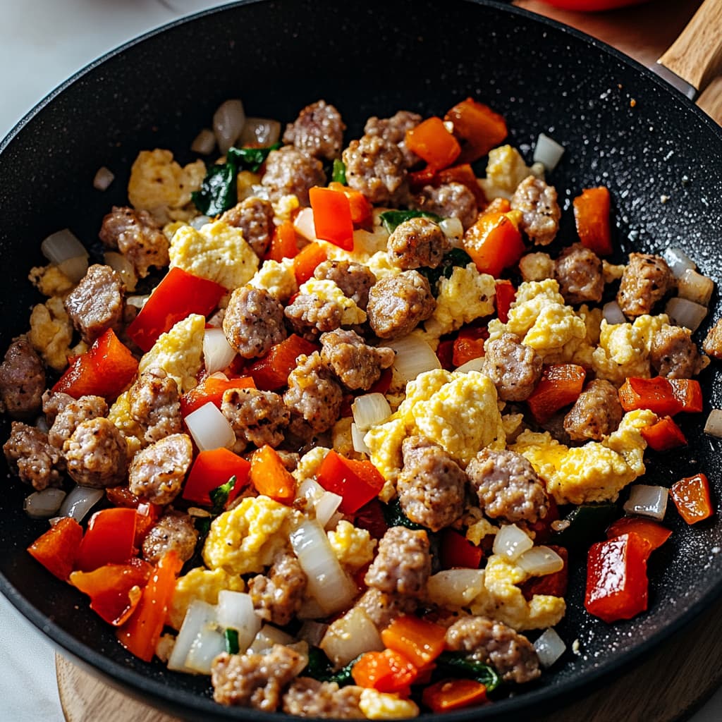 Egg whites scrambling beside the cooked veggies and sausage in the pan, then being mixed together—light, fluffy, and packed with lean protein for a fitness-friendly start to your day.