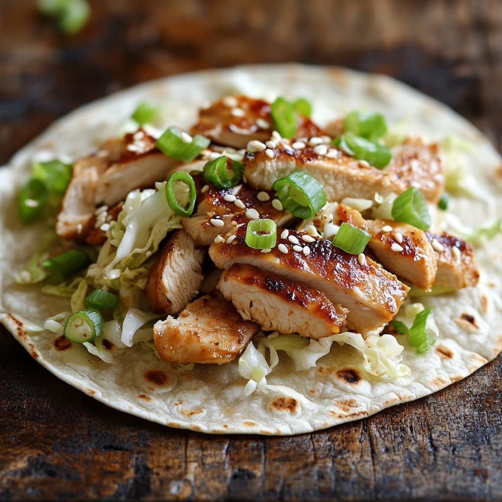 a tortilla laid flat with the cabbage mixture in the center, topped with slices of grilled chicken, chopped green onions, and sesame seeds.