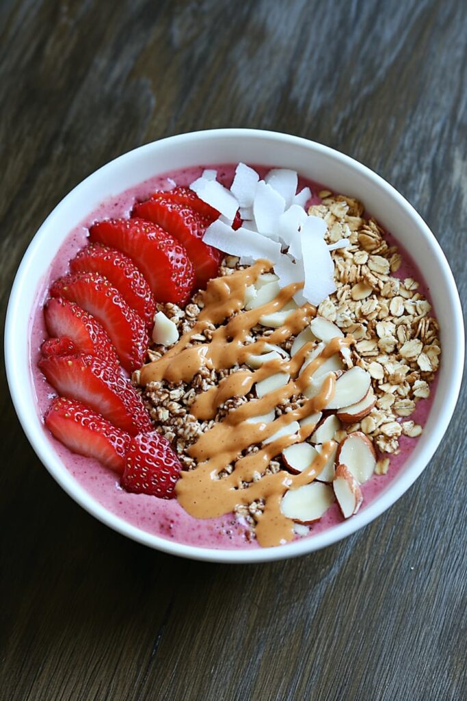 A vibrant Berry Protein Smoothie Bowl topped with fresh strawberries, almonds, coconut flakes, granola, and a drizzle of peanut butter – a clean, high-protein breakfast option.