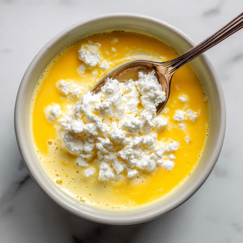 Adding small-curd cottage cheese into whisked eggs.
