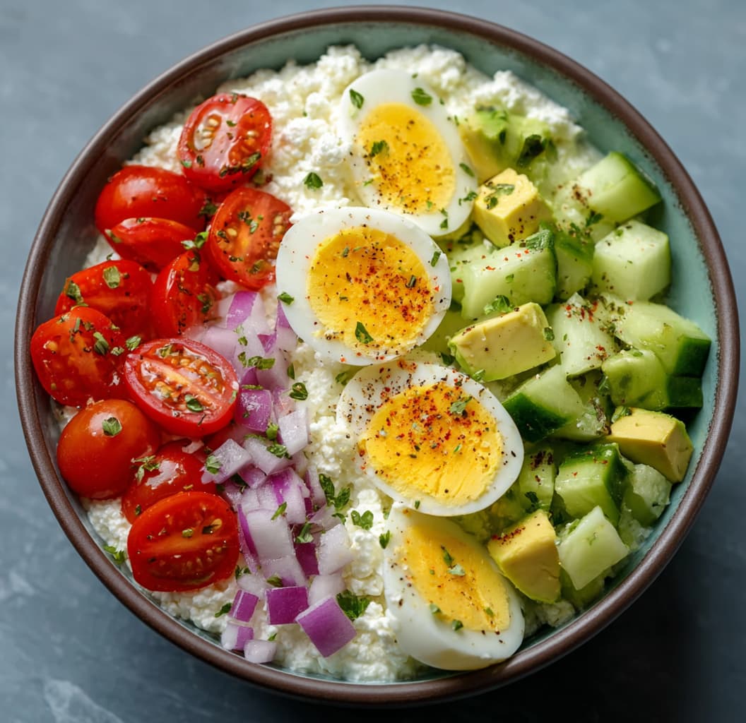 A bowl with cottage cheese spread evenly at the bottom, topped with eggs, diced avocado, halved red cherry tomatoes, diced cucumber, and chopped red onion