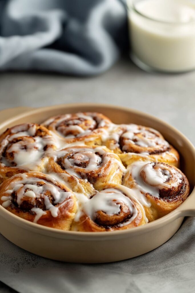 Healthy banana bread cinnamon rolls with Greek yogurt glaze, served fresh in a baking dish and on a plate