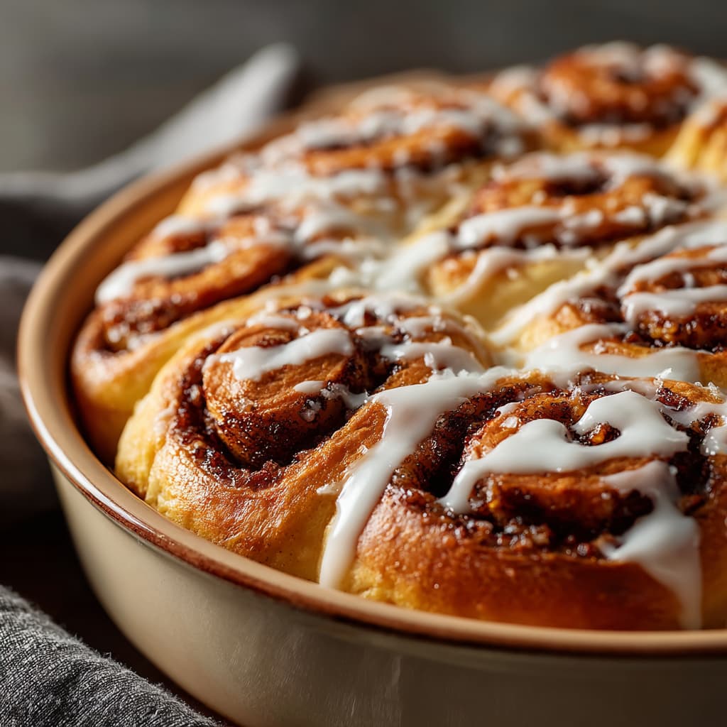 Close-up of freshly baked cinnamon rolls in a round baking dish, featuring golden-brown swirls filled with cinnamon sugar and drizzled with a glossy vanilla glaze.