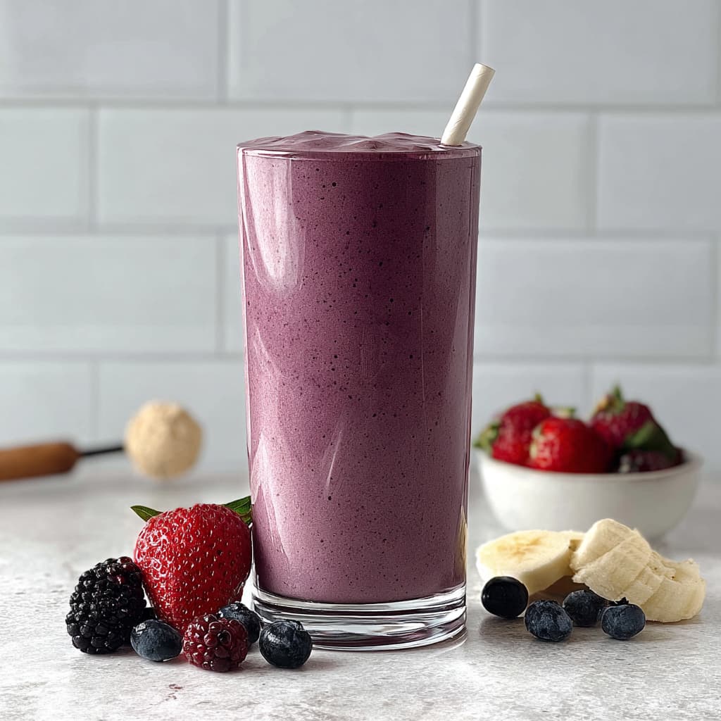 High protein berry banana smoothie made with Greek yogurt, whey, banana, and mixed berries.