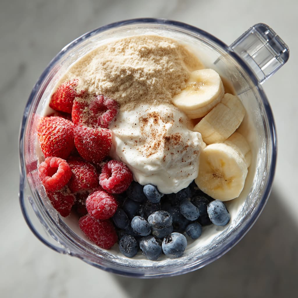 Blender filled with Greek yogurt, sliced bananas, frozen strawberries, raspberries, blueberries, and vanilla protein powder before blending.