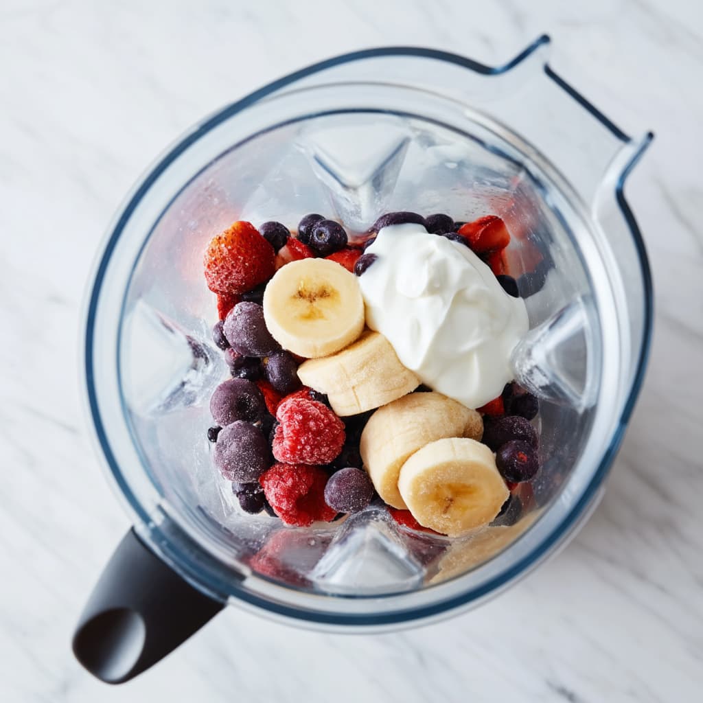 Frozen berries, banana, Greek yogurt, protein powder, and almond milk blending into a thick purple smoothie in a clear blender