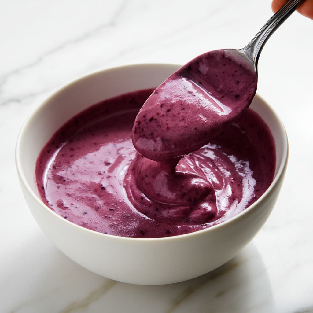 thick berry smoothie being spooned into a white ceramic bowl, rich purple color, smooth surface being leveled with the back of a spoon, placed on white marble countertop, minimal clean setup, soft natural daylight, realistic food photography, high detail, same bowl used throughout

Alt Name