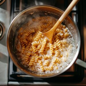Chickpea pasta boiling in a pot of salted water, stirred with a wooden spoon.