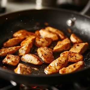 Chicken breast strips sizzling in a skillet with a golden sear, fully cooked and juicy.