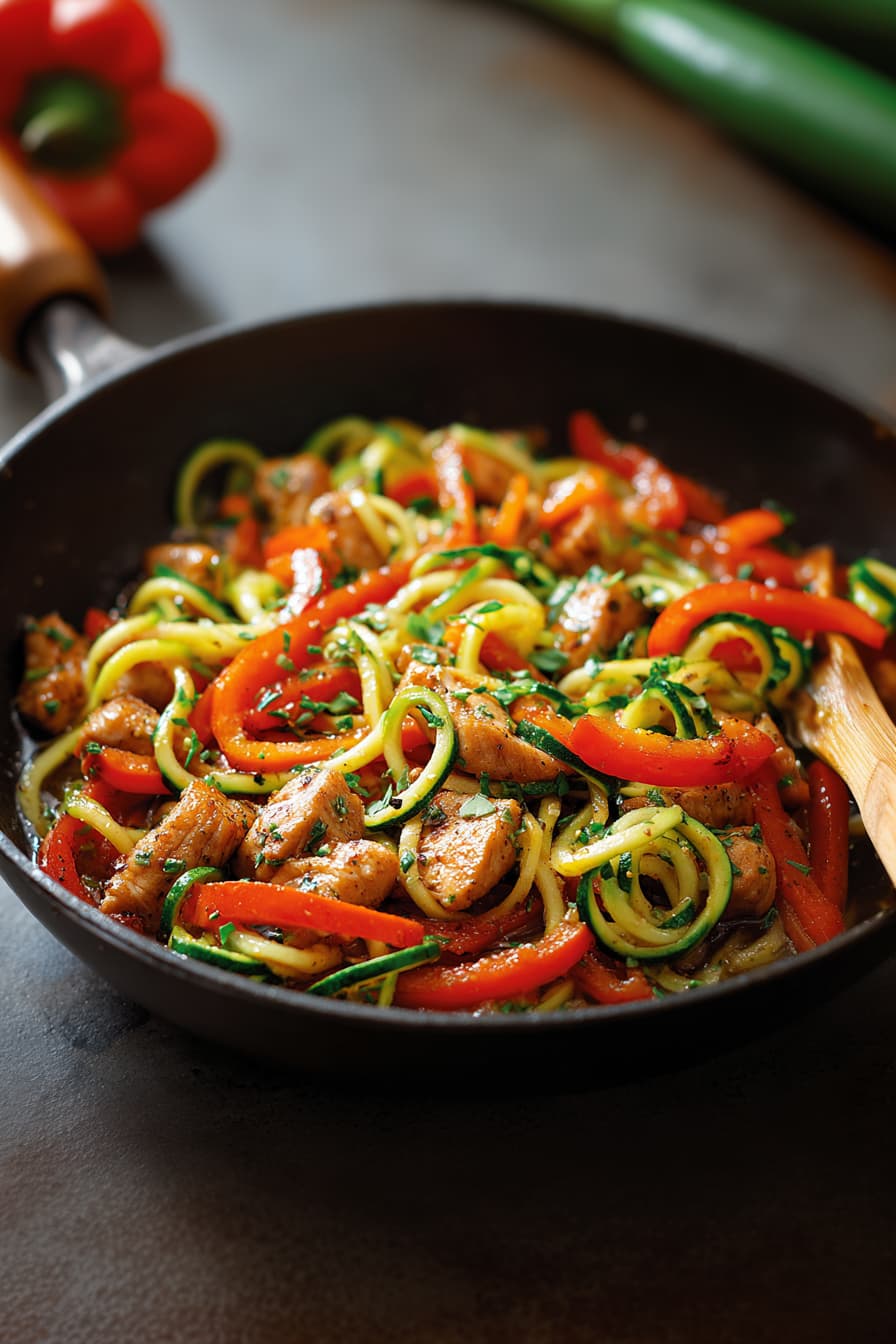 Chicken zucchini noodle stir fry cooking in a skillet with seared chicken pieces, red bell pepper strips, and zucchini noodles coated in a light garlic ginger sauce, with a wooden spatula resting inside the pan.