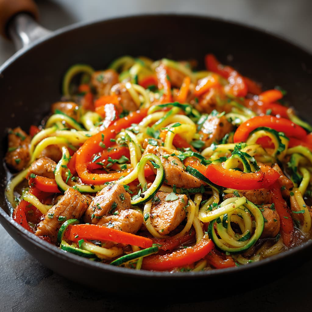 Chicken zucchini noodle stir fry in a skillet with seared chicken pieces, red bell pepper strips, and fresh zucchini noodles coated in a light garlic ginger sauce, topped with chopped herbs.