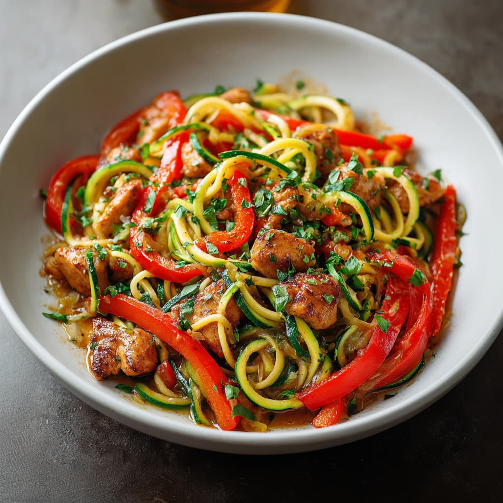 Chicken zucchini noodle stir fry served on a white plate with tender seared chicken pieces, bright red bell pepper strips, and fresh zucchini noodles coated in a light garlic ginger sauce, topped with chopped herbs.