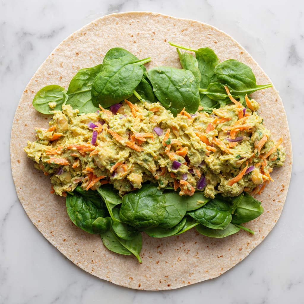 Chunky chickpea avocado salad spread across the center of a whole grain tortilla with spinach on top before rolling the wrap.