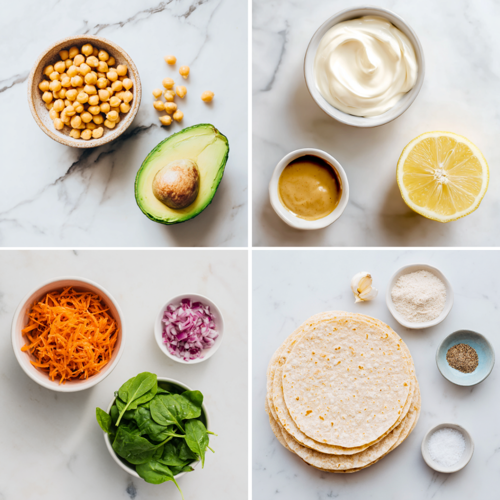 Ingredients for chickpea avocado salad wrap arranged on a marble surface including chickpeas, avocado, Greek yogurt, lemon, vegetables, tortillas, and seasonings.
