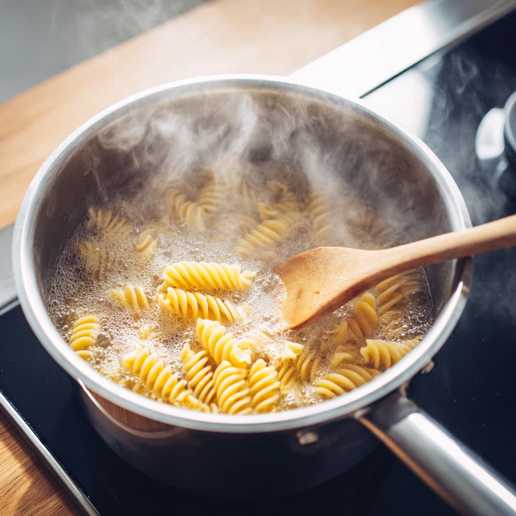 Chickpea pasta cooking in a pot of salted water with wooden spoon