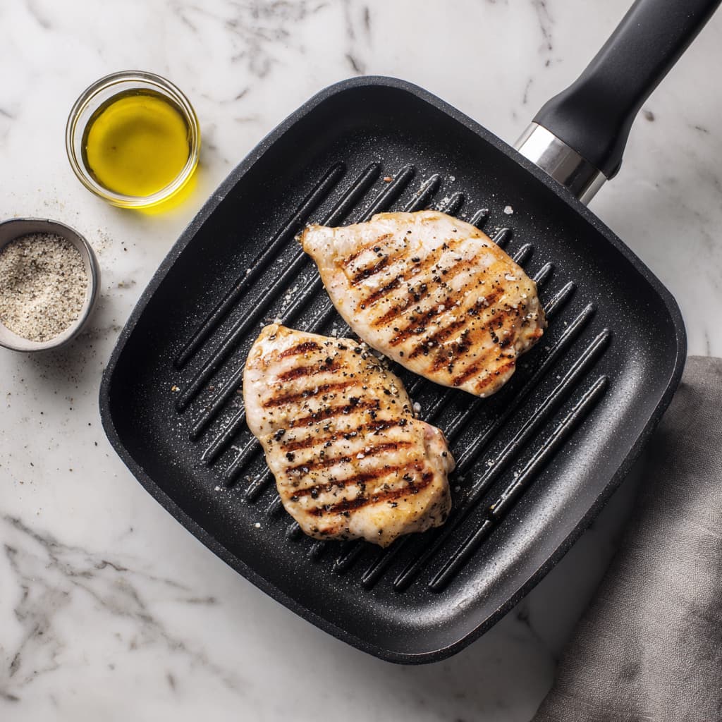 Grilled chicken breast with grill marks on a grill pan with diced chicken pieces on a cutting board, garlic powder and olive oil nearby for grilled chicken pasta salad.