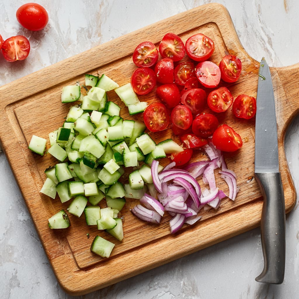 Halved cherry tomatoes, diced cucumber and thinly sliced red onion on a cutting board for grilled chicken chickpea pasta salad.