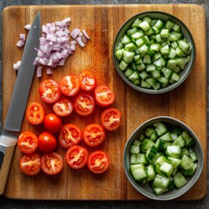 Fresh cherry tomatoes, cucumber, and red onion being chopped on a cutting board for salad prep.