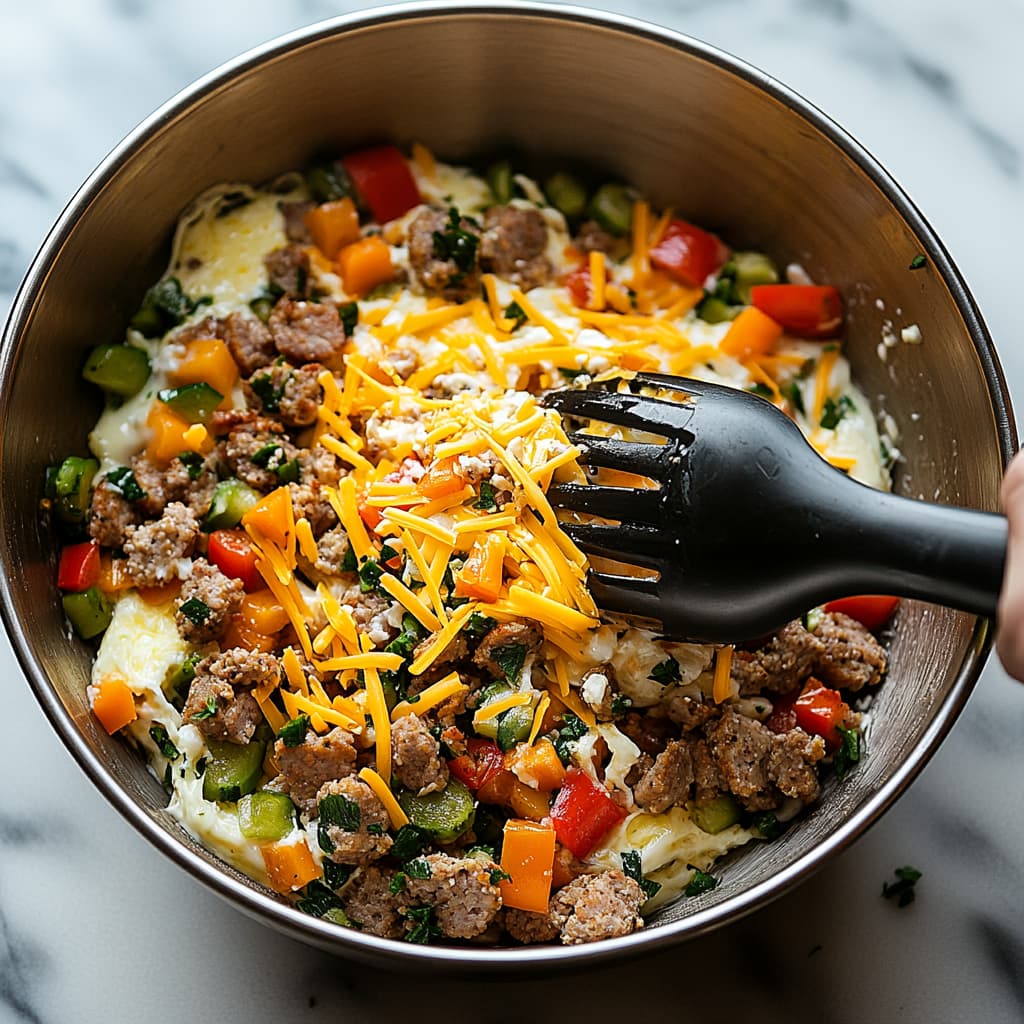 Combining turkey sausage, sautéed vegetables, and cheese into egg mixture for casserole.