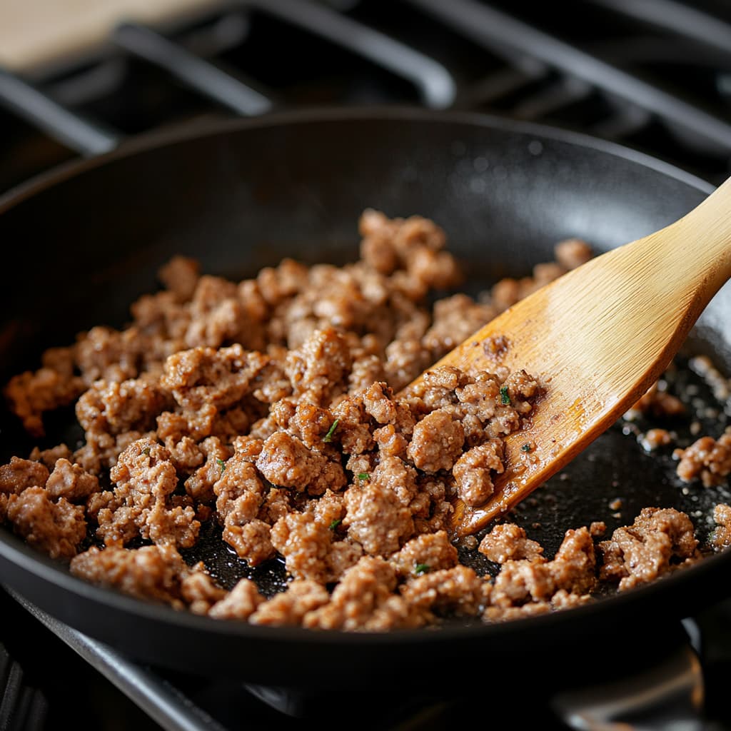 Lean turkey sausage cooking in skillet and broken into crumbles for breakfast casserole.