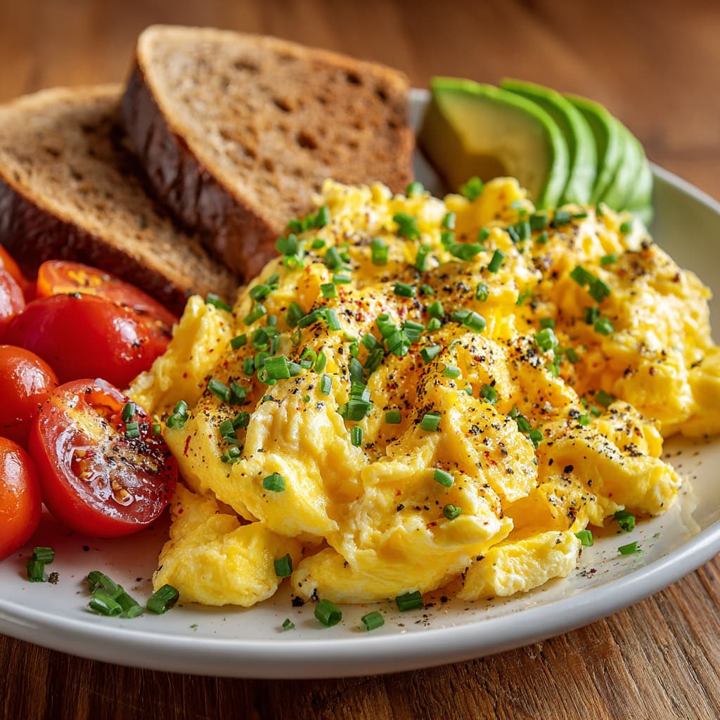 Fluffy scrambled eggs mixed with cottage cheese, topped with chopped chives and black pepper, served with cherry tomatoes, whole grain toast and sliced avocado on a white plate.