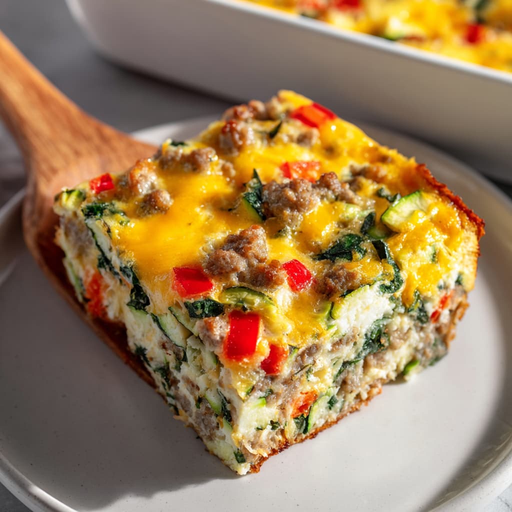 Close-up slice of healthy sausage egg breakfast casserole on a white plate, made with egg whites, lean turkey sausage, spinach, zucchini, red bell pepper, onion, and melted cheddar cheese.