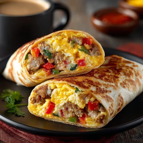 Sliced egg white and turkey sausage burrito showing the high protein filling ready for a healthy breakfast.