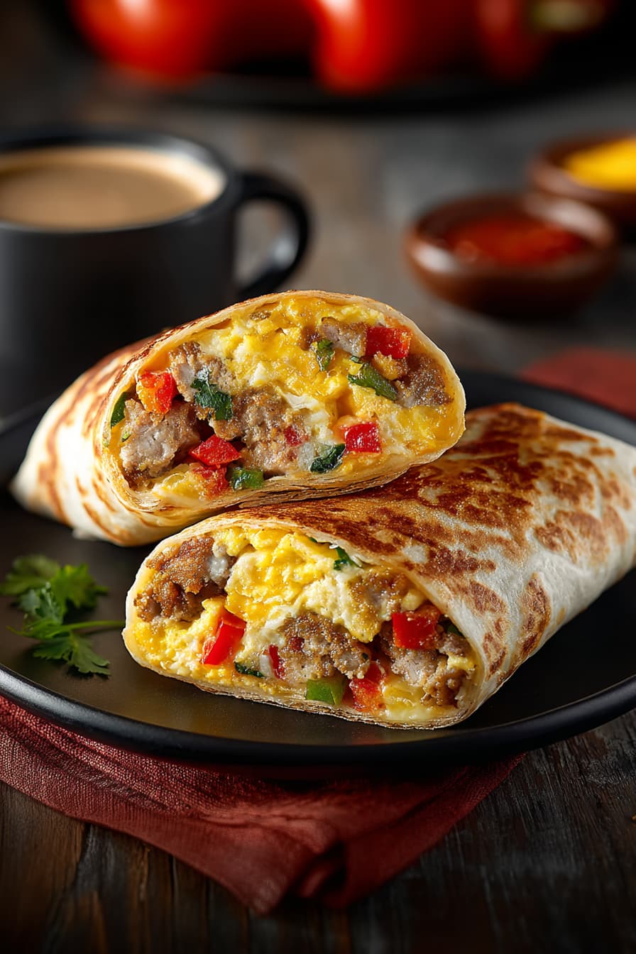 Sliced egg white and turkey sausage burrito showing the high protein filling ready for a healthy breakfast.