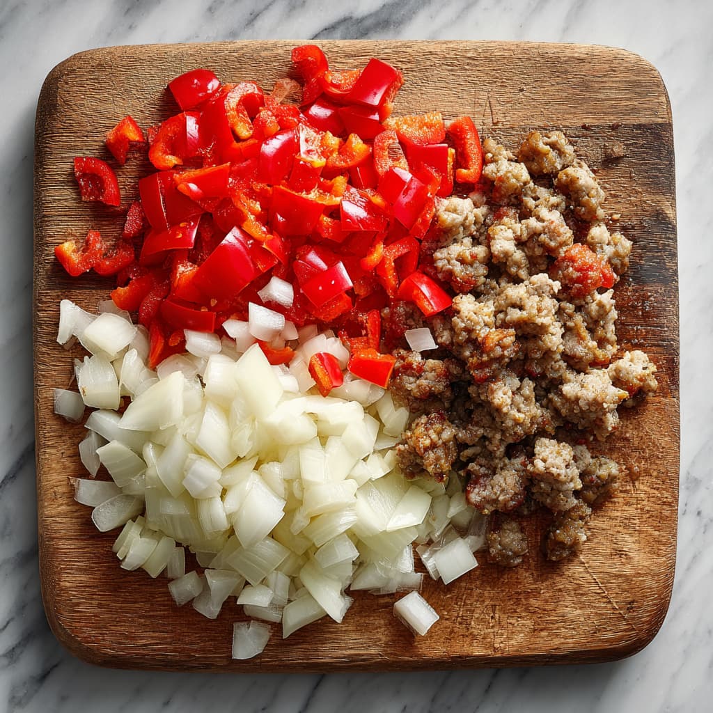 Chopped bell peppers, diced onions, and turkey sausage laid out on a cutting board next to a bowl of egg whites for a high protein breakfast burrito.