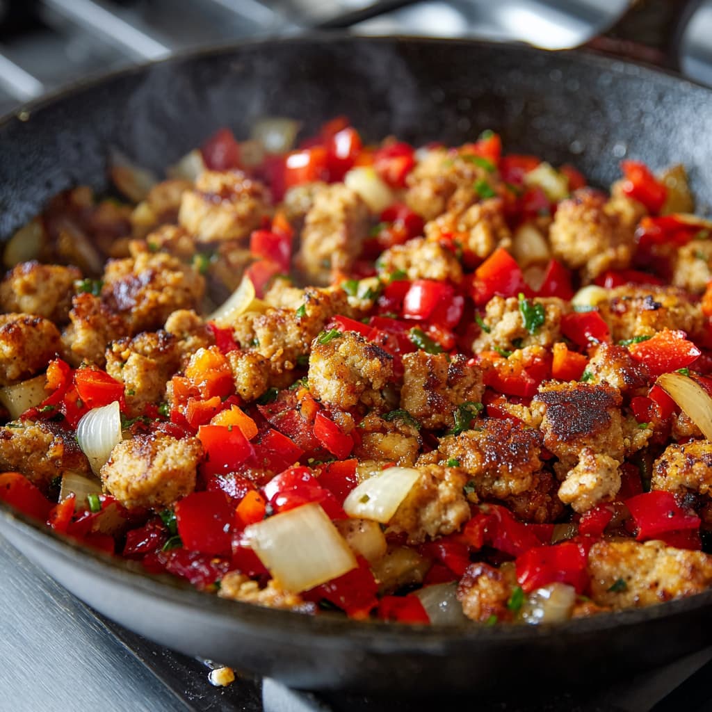 Bell peppers, onions, and turkey sausage cooking together in a nonstick skillet for a lean high protein breakfast burrito.