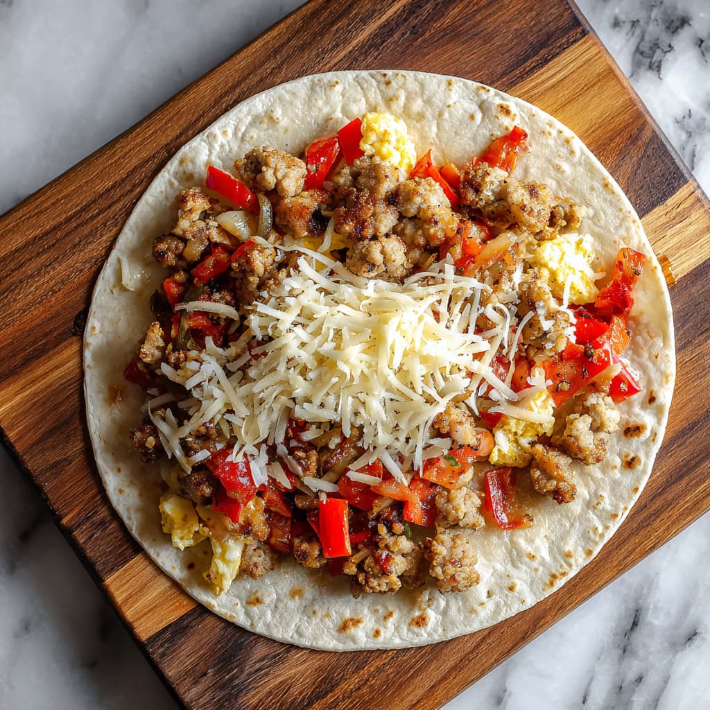 Warm tortilla filled with scrambled egg whites, turkey sausage, peppers, and onions for assembling a high protein breakfast burrito.