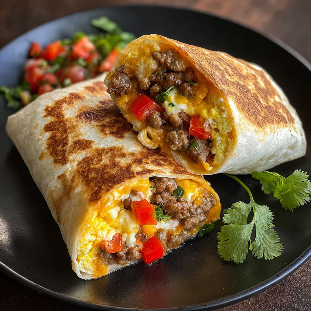 Hands folding and rolling a tortilla into a tight egg white and turkey sausage burrito.